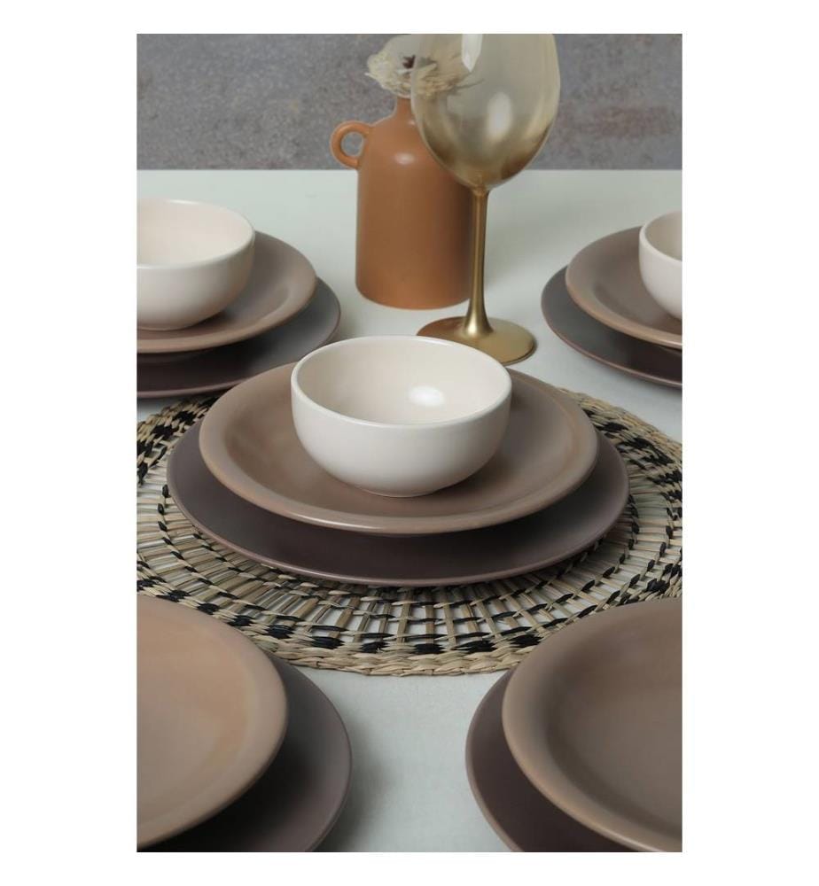 Ceramic Dinner Set, 18 Pieces, Brown, White, 100% Ceramic, Antibacterial