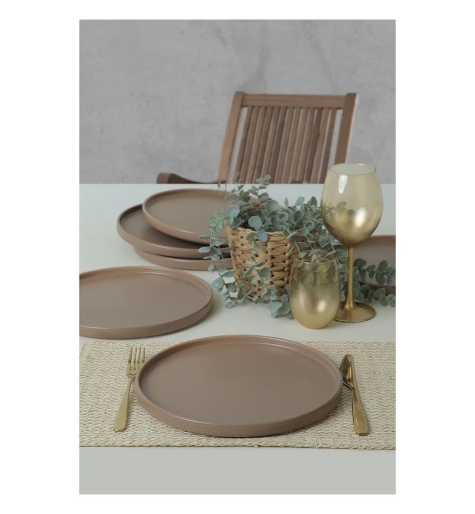Service Plate Set, 6 Pieces, Matte Taupe, 100% Ceramic, Antibacterial