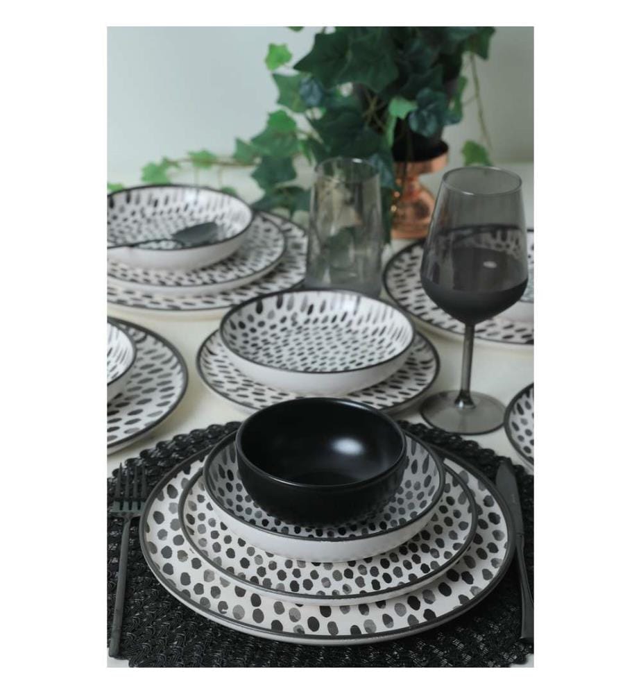 Ceramic Dinner Set, 24 Pieces, Black, White, 100% Ceramic, Antibacterial