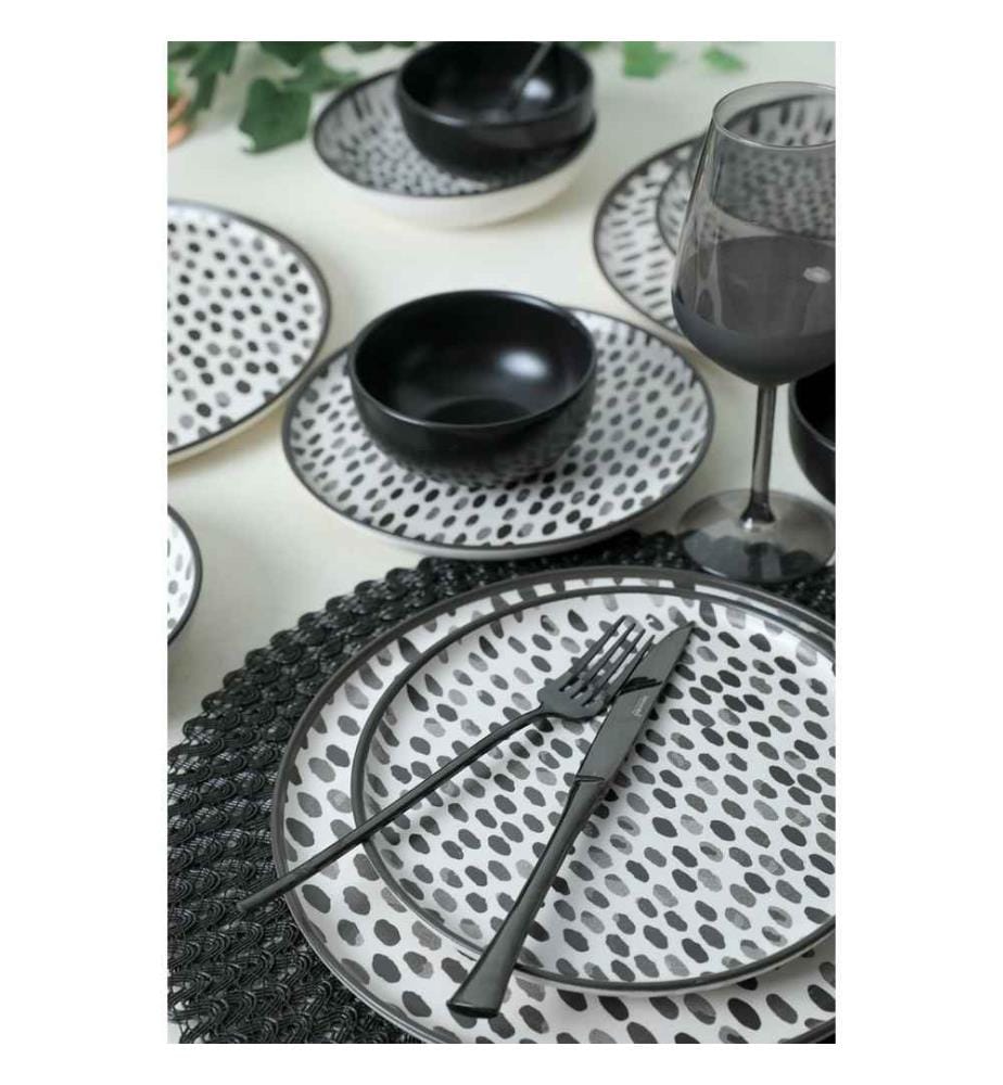 Ceramic Dinner Set, 24 Pieces, Black, White, 100% Ceramic, Antibacterial