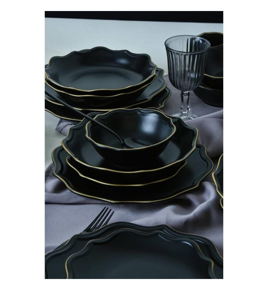 Service de table en céramique, 24 pièces, noir mat, 100% céramique, antibactérien