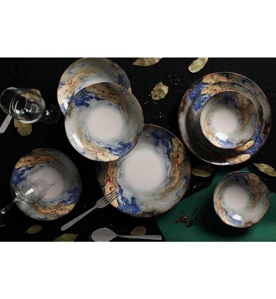Dinner Set, 24 Pieces, White, Blue, Gold, Porcelain