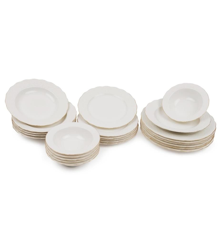 Dinner Set, 24 Pieces, White, Gold, Porcelain