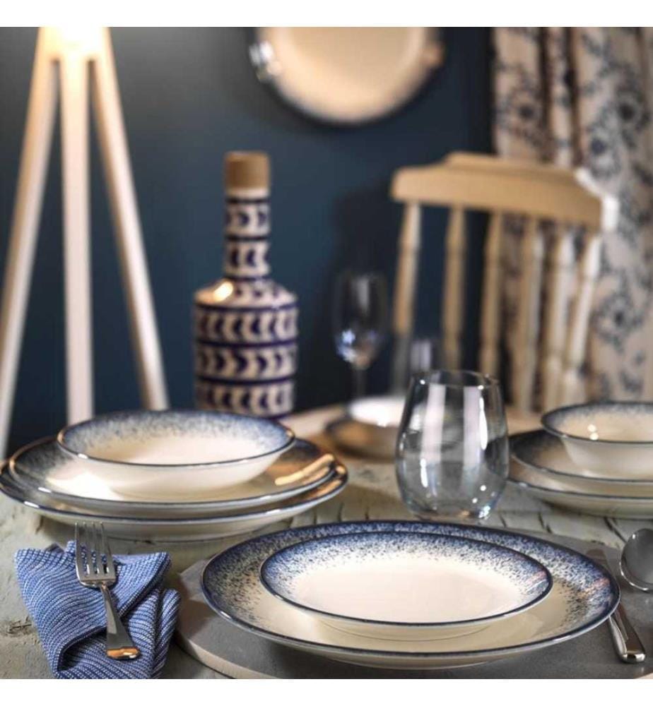 Dinner Set, 24 Pieces, Dark Blue, White, Nano Porcelain