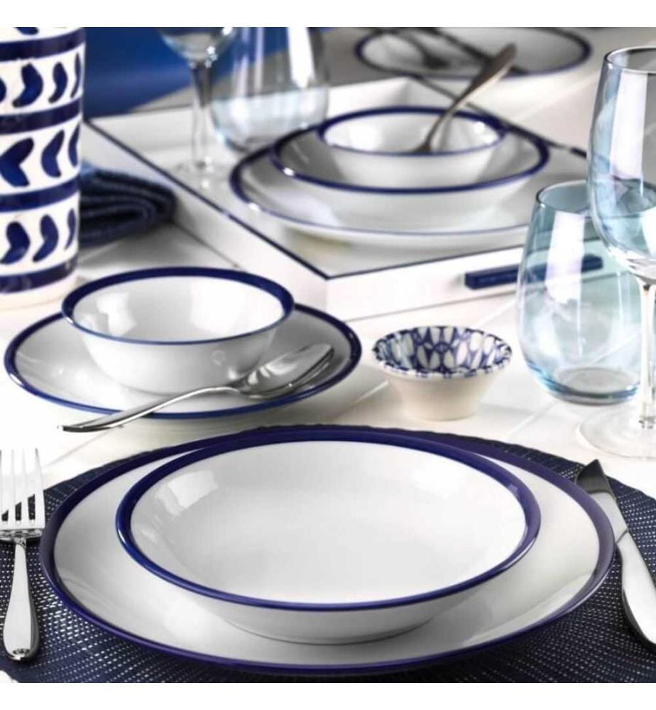 Dinner Set, 24 Pieces, White, Dark Blue, Porcelain