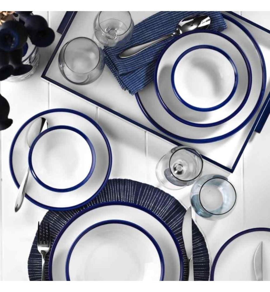 Dinner Set, 24 Pieces, White, Dark Blue, Porcelain