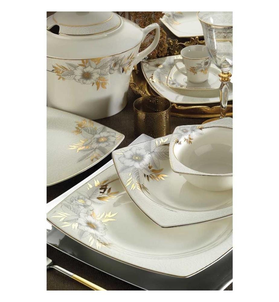 Dinner Set, 68 Pieces, Black, Gold, White, Bone China