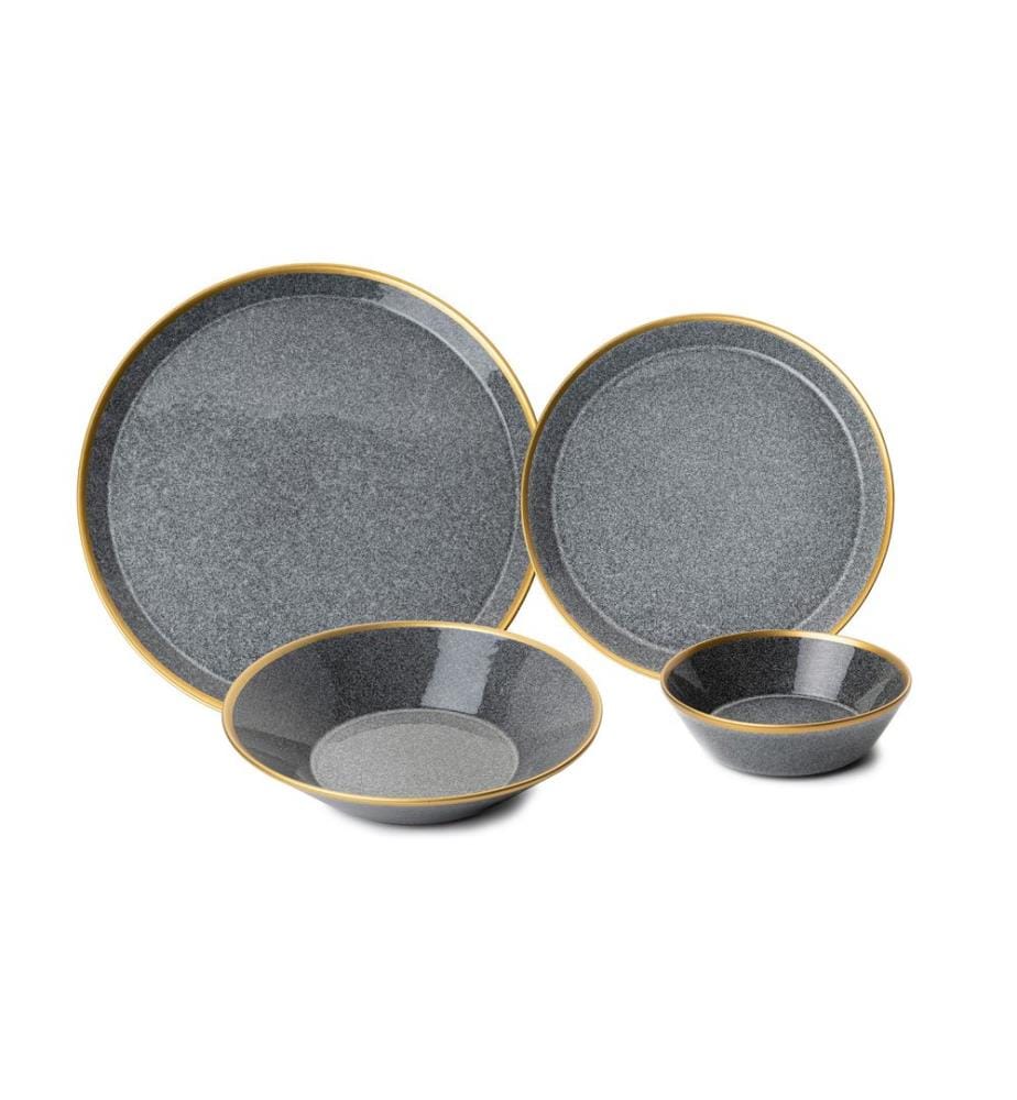 Dinner Set, 16 Pieces, Black, Gold, 100% Porcelain