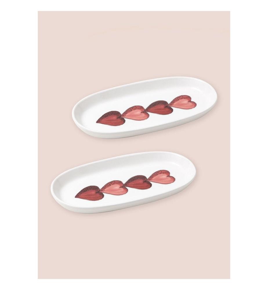 Platter Set, 2 Pieces, White, Red, 100% CERAMIC