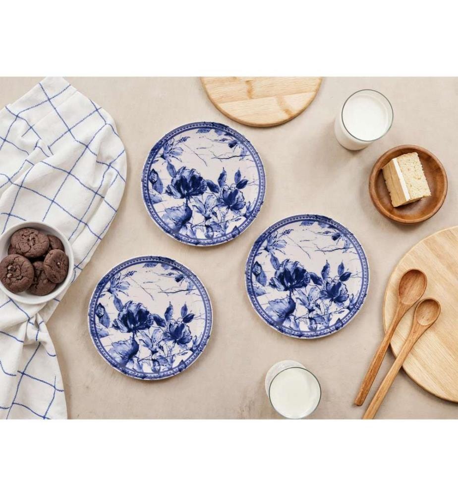 Dessert Plate Set, 6 Pieces, Blue, White, 100% CERAMIC