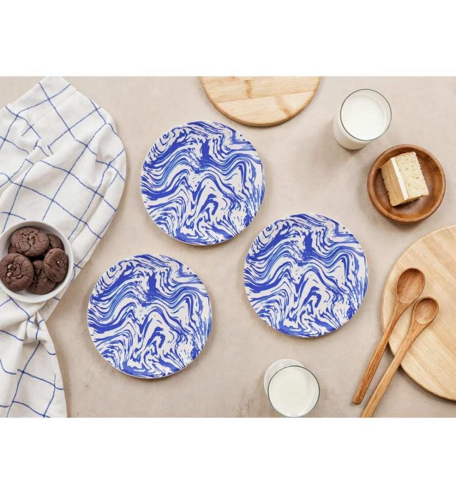 Dessert Plate Set, 6 Pieces, Blue, White, 100% CERAMIC