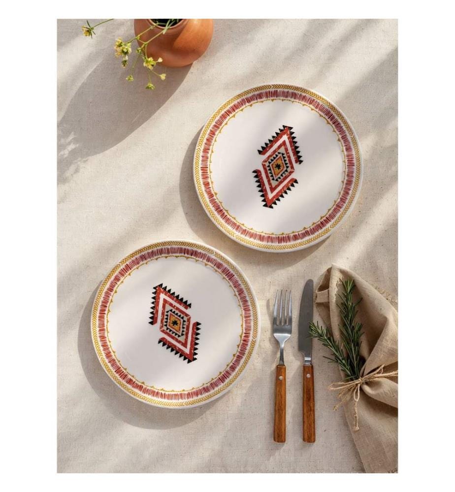 Dessert Plate Set, 6 Pieces, White, Tile Red, Yellow, 100% CERAMIC