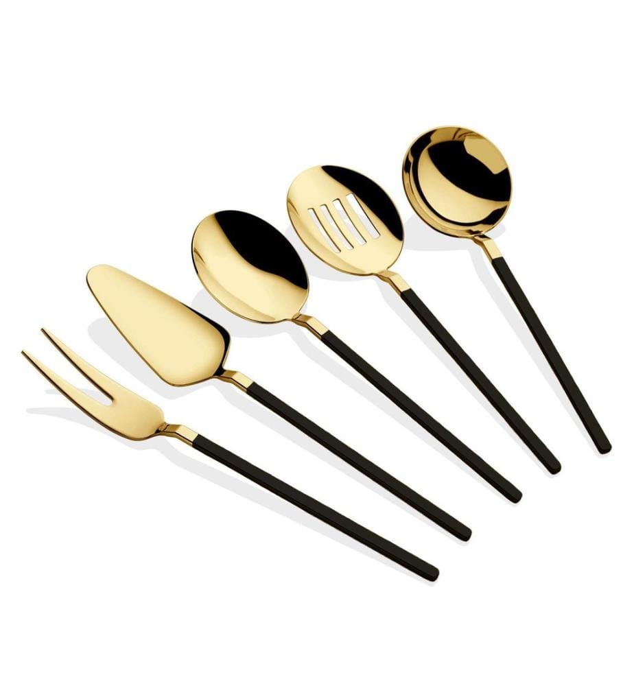 Set de service, 5 pièces, or, noir, 100% INOX