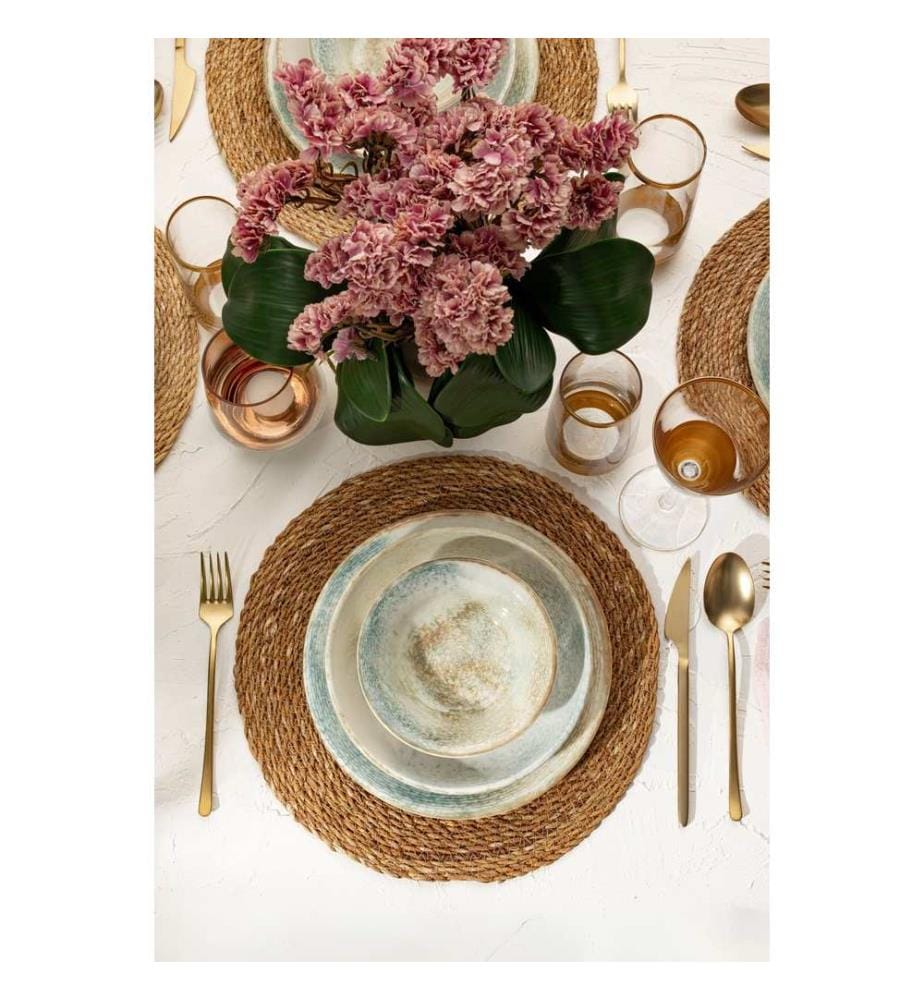 Dinner Set, 18 Pieces, Beige, Turquoise, 100% PORCELAIN