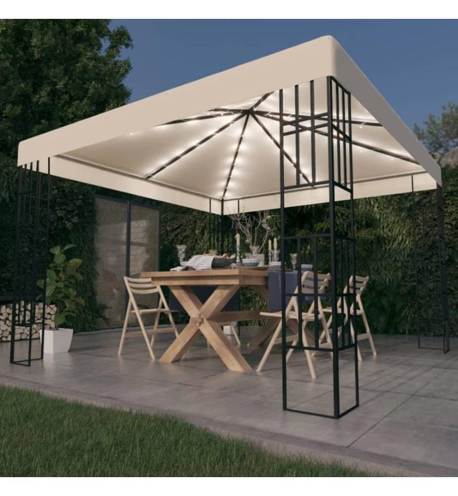 Pavillon mit LED-Lichterkette 3x3 m Cremeweiss