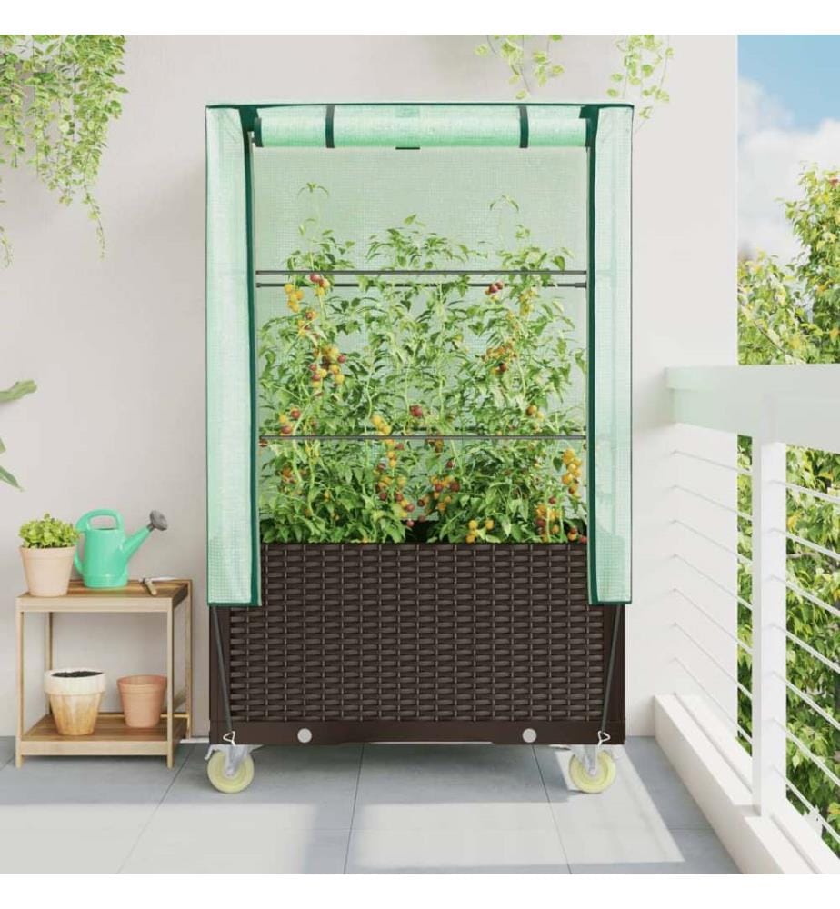 Jardinière surélevée avec housse et roues aspect rotin