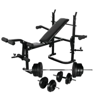 Trainingsbank mit Ablage, Langhantel und Kurzhantel Set 60,5 kg