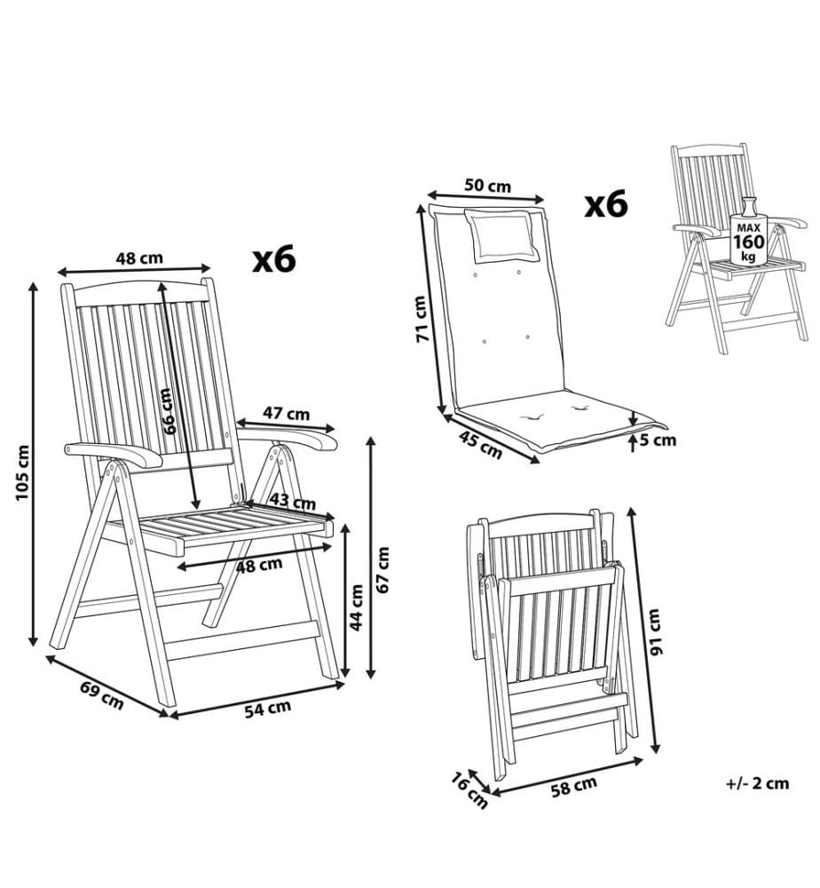 Set mit 6 Stühlen und Sitzkissen AMANTEA Akazienholz Grau