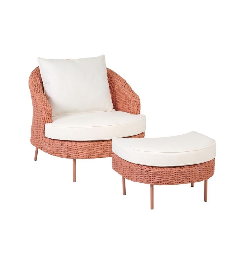 Gartensessel mit Ottomane ARCILLE Polyrattan Pfirsichrosa