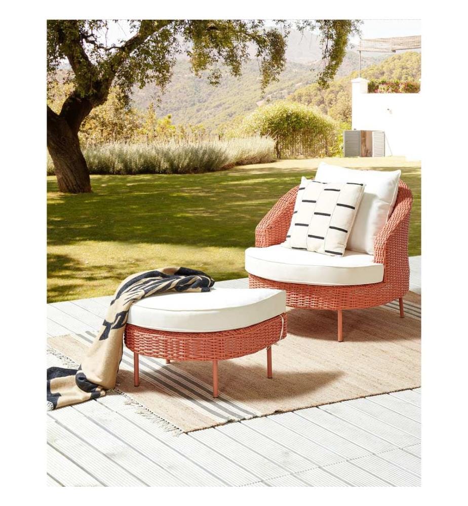 Gartensessel mit Ottomane ARCILLE Polyrattan Pfirsichrosa