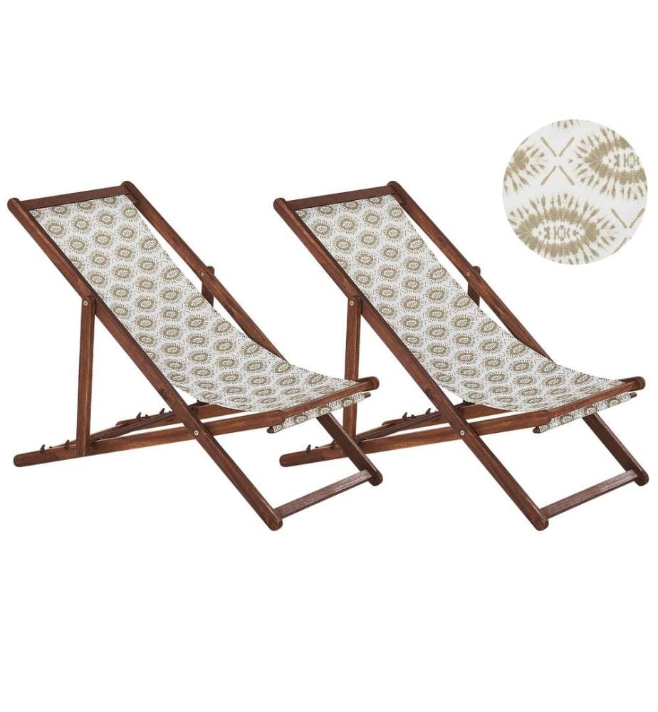 Set of 2 Folding Deck Chairs ANZIO with Replacement Fabrics Abstract Motif Acacia Wood Dark Brown