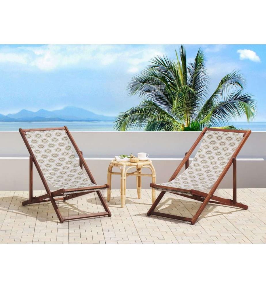 Set of 2 Folding Deck Chairs ANZIO with Replacement Fabrics Abstract Motif Acacia Wood Dark Brown