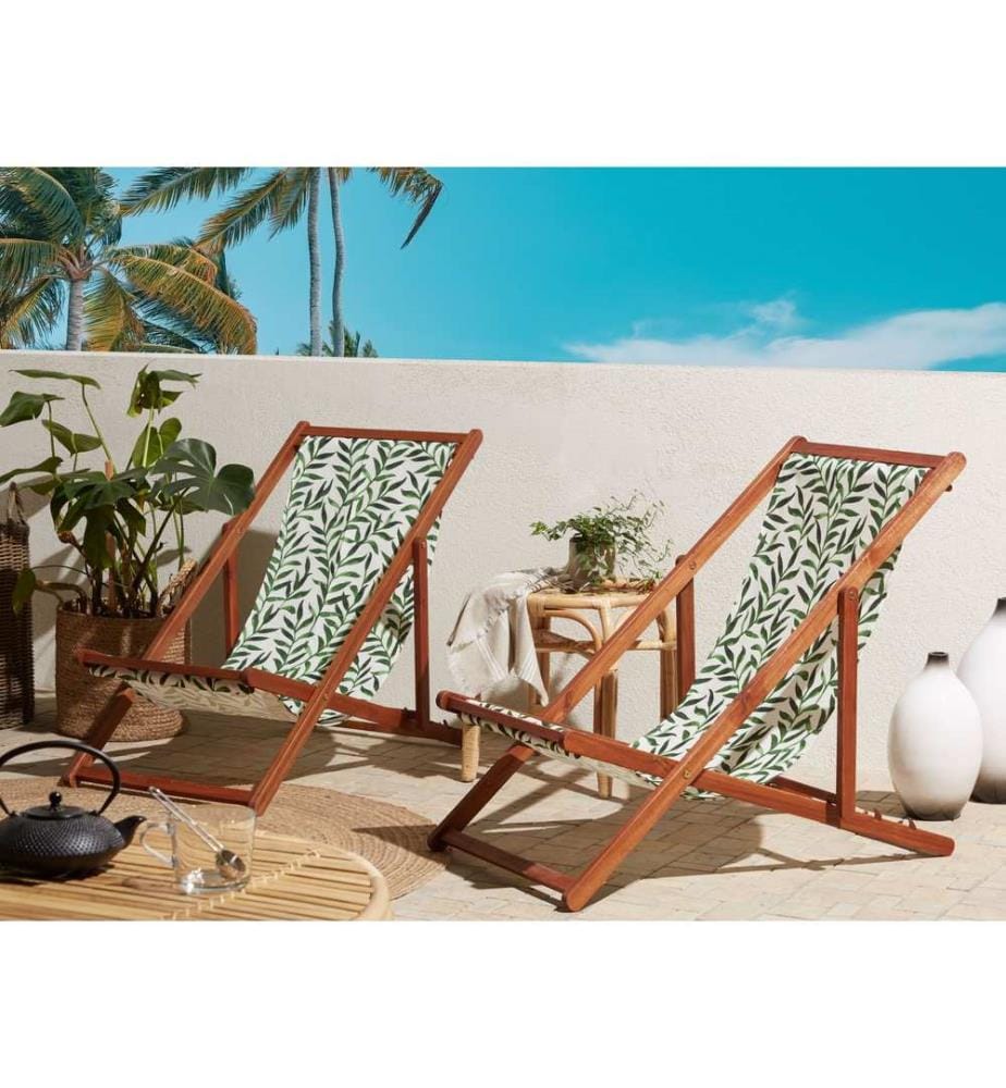 Set mit 2 klappbaren Liegestühlen ANZIO mit Ersatzstoffen Blumenmuster Akazienholz Dunkelbraun