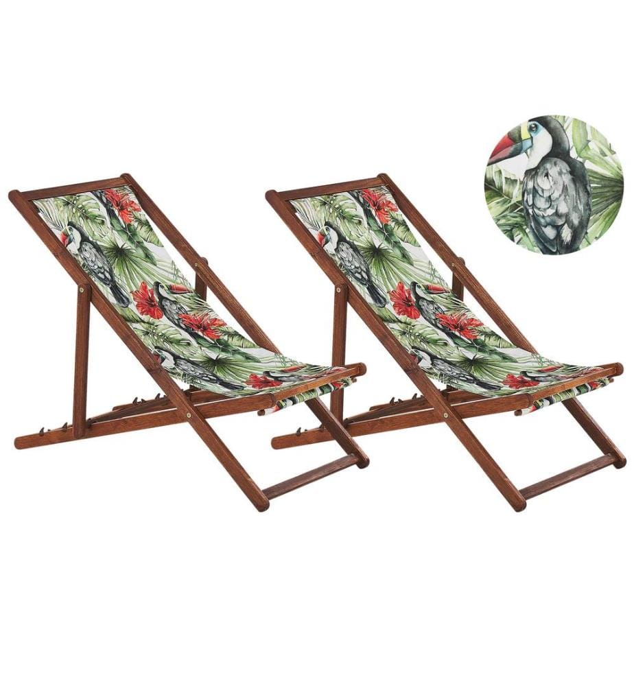 Set of 2 Folding Deck Chairs ANZIO with Replacement Fabrics Animal Motif Acacia Wood Dark Brown