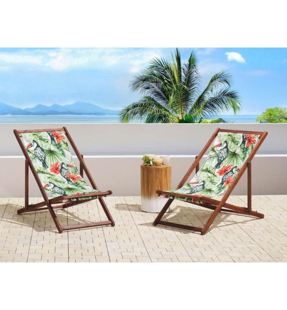 Set of 2 Folding Deck Chairs ANZIO with Replacement Fabrics Animal Motif Acacia Wood Dark Brown