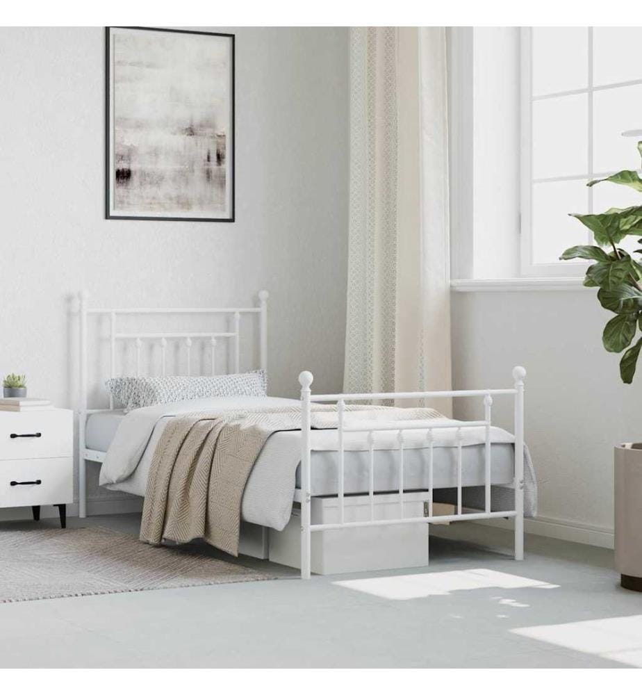 Cadre de lit métal sans matelas avec pied de lit blanc 80x200cm