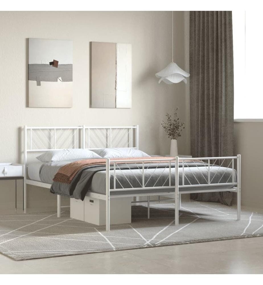 Cadre de lit métal sans matelas et pied de lit blanc 160x200 cm