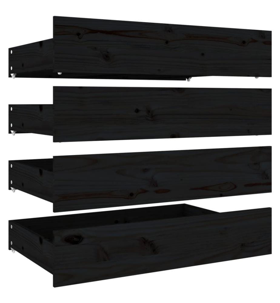 Tiroirs de lit 4 pcs Noir Bois de pin massif