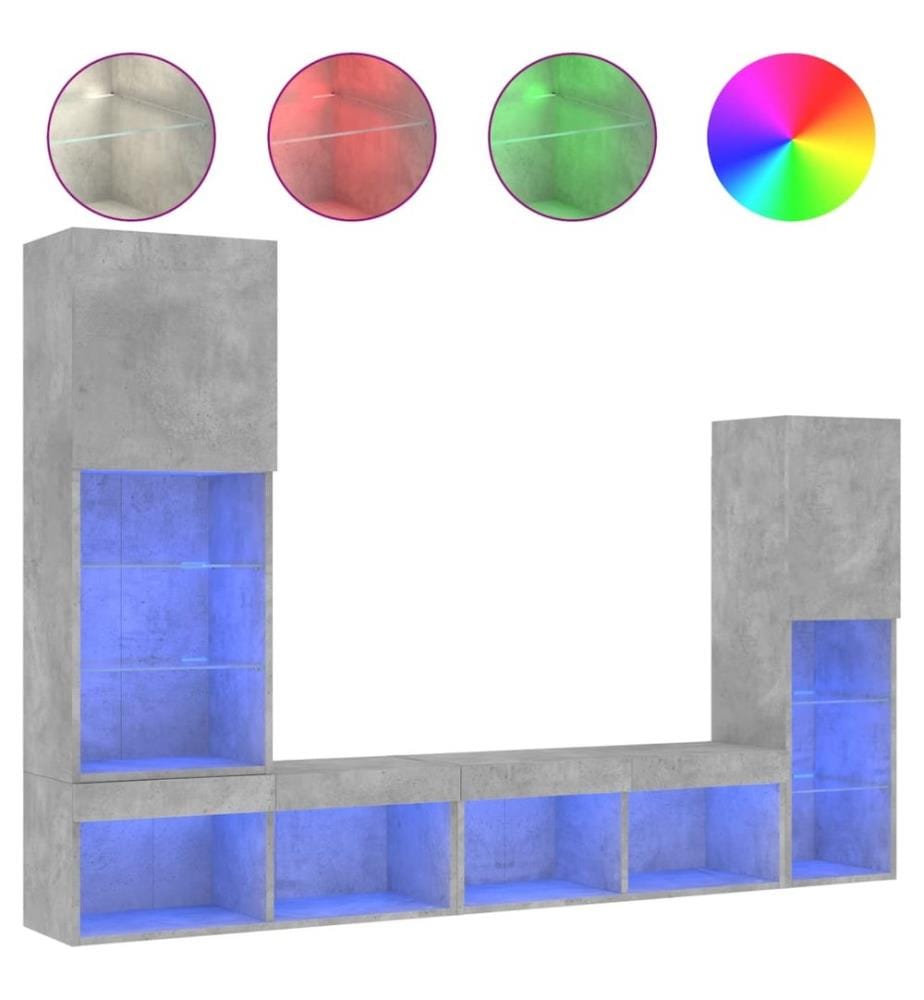 Unités murales TV avec LED 4 pcs gris béton bois d'ingénierie