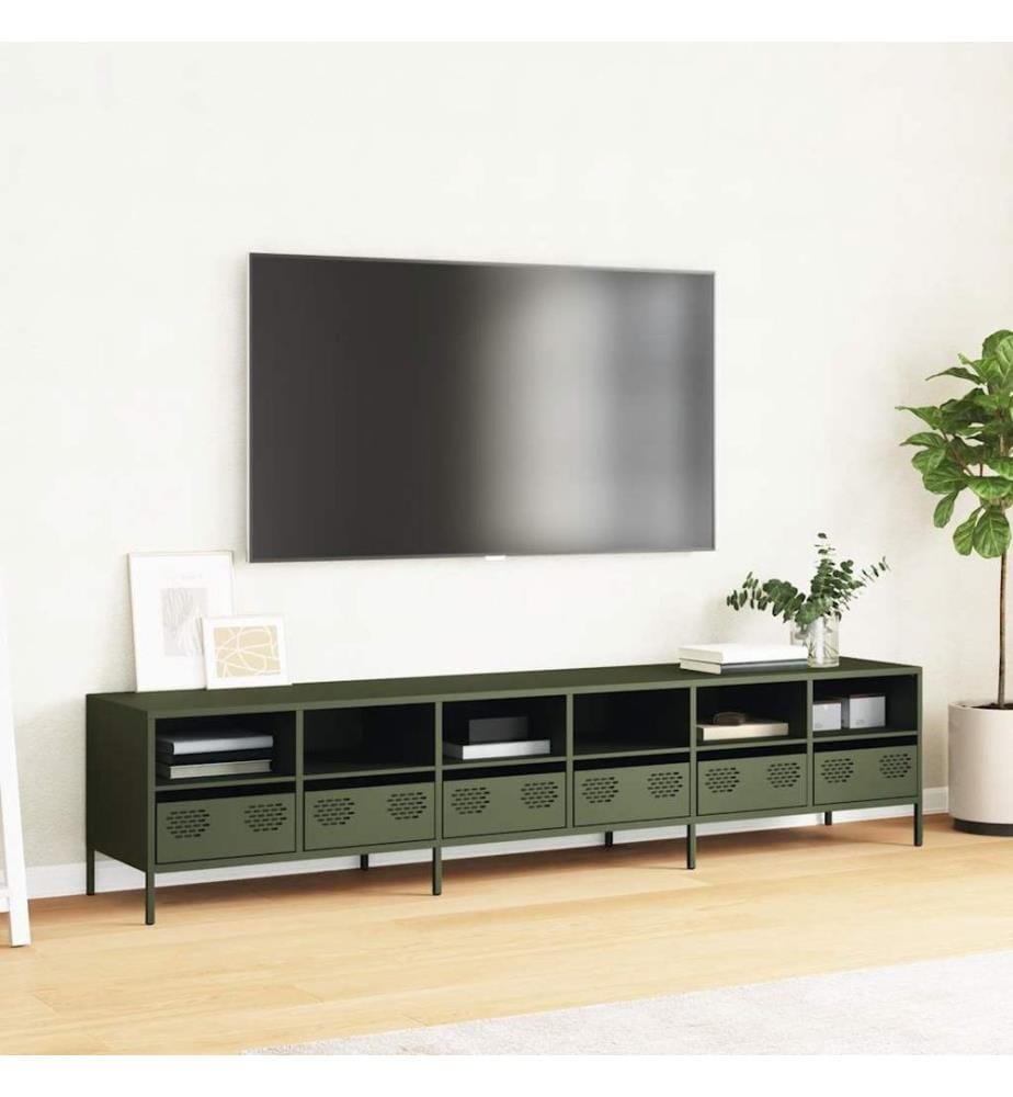 Meuble TV vert olive 202x39x43,5 cm acier laminé à froid
