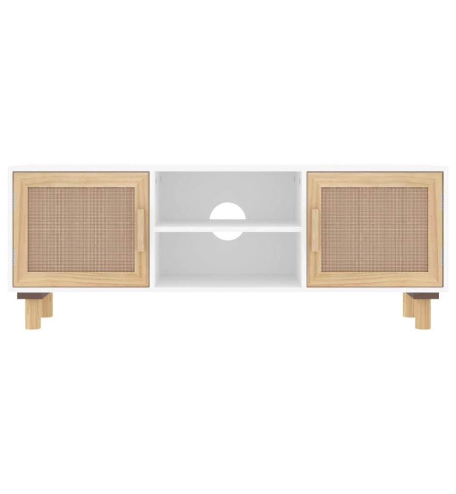 Meuble TV Blanc 105x30x40cm Bois de pin massif et rotin naturel