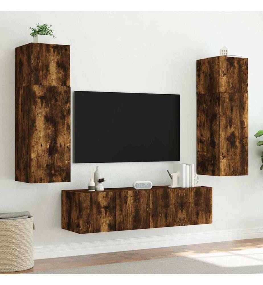 TV-Wandschränke mit LED-Leuchten 2 Stk. Räuchereiche 80x35x31cm
