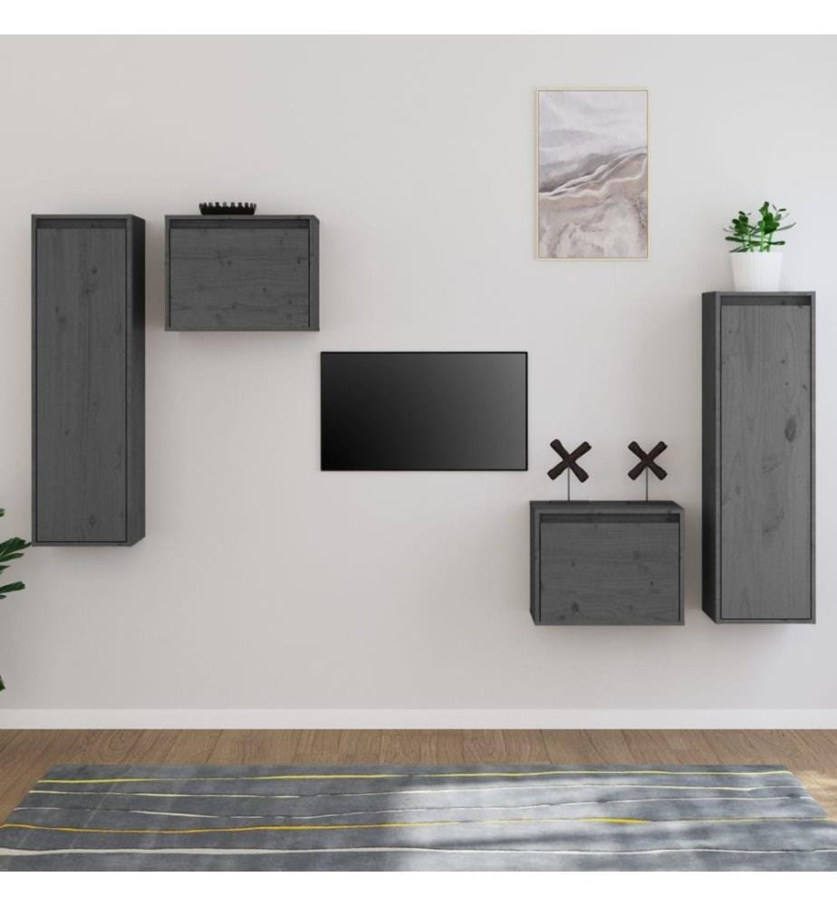 Meubles TV 4 pcs Gris Bois massif de pin
