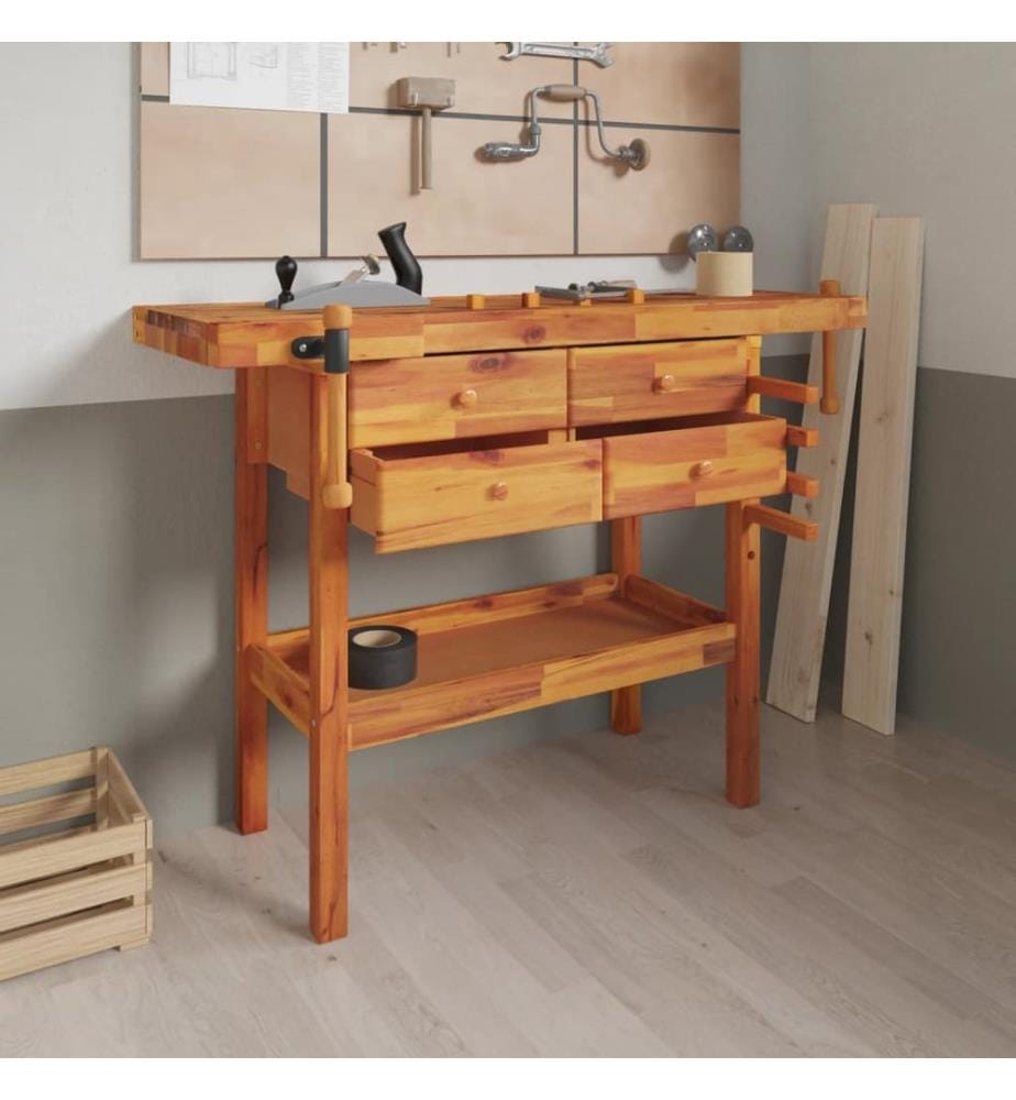 Werkbank mit Schubladen Schraubstöcken 124x52x83 cm Akazienholz