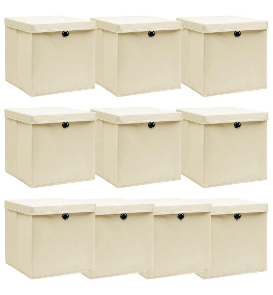 Boîtes de rangement à couvercles 10 pcs Crème 32x32x32 cm Tissu