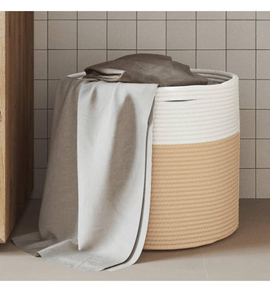 Panier de rangement beige et blanc Ø40x35 cm coton