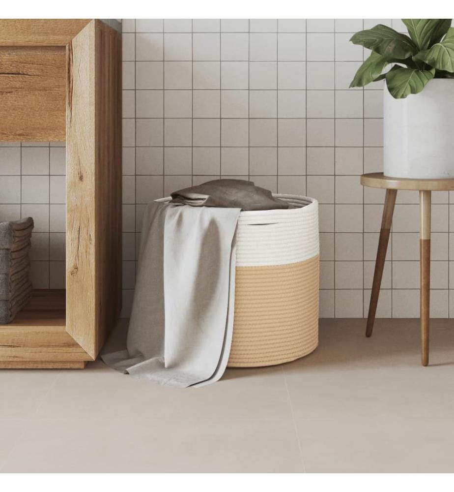 Panier de rangement beige et blanc Ø40x35 cm coton