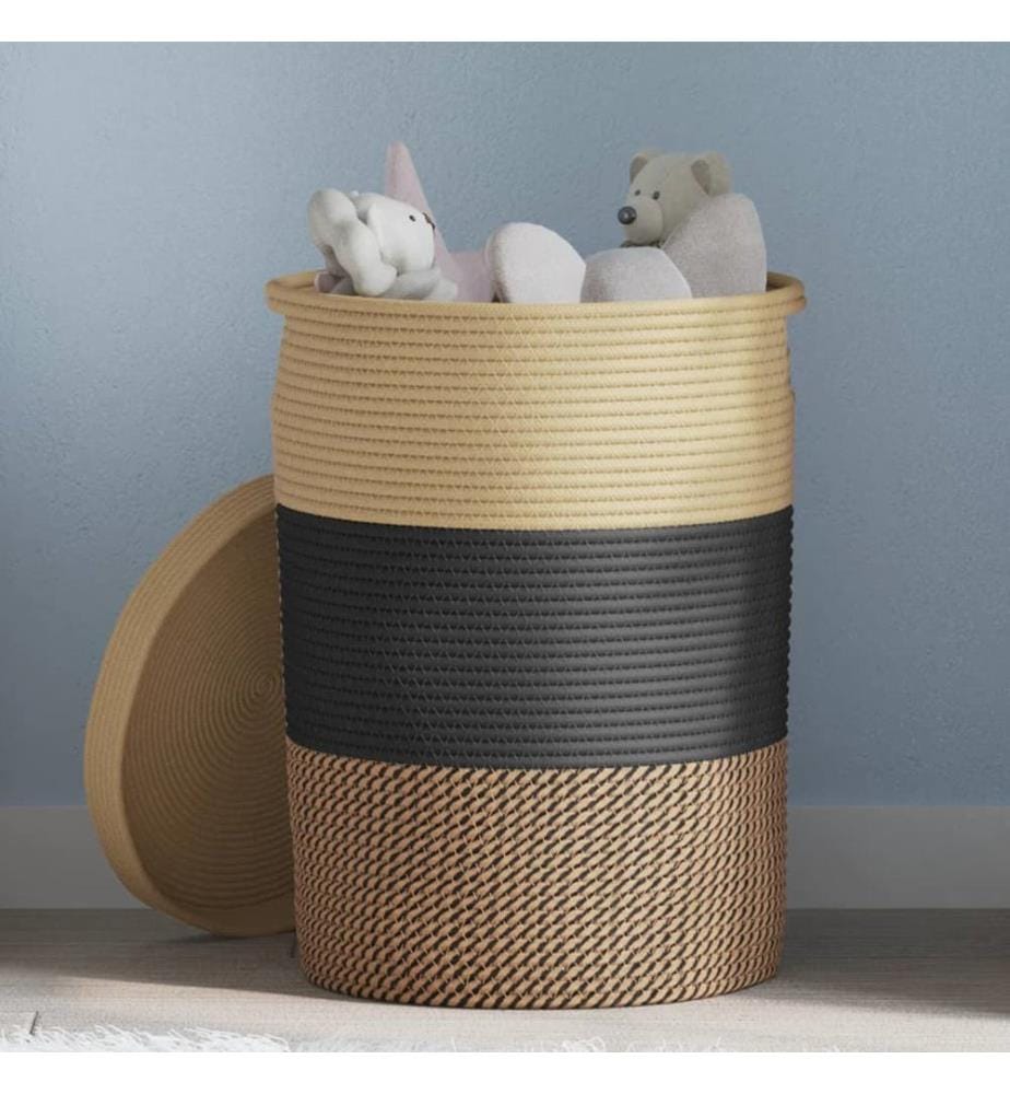 Panier de rangement avec couvercle noir et beige Ø37x50cm coton