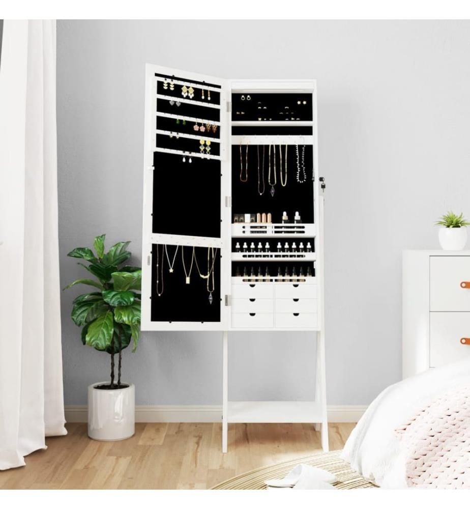 Armoire à bijoux miroir avec lumières LED sur pied blanc