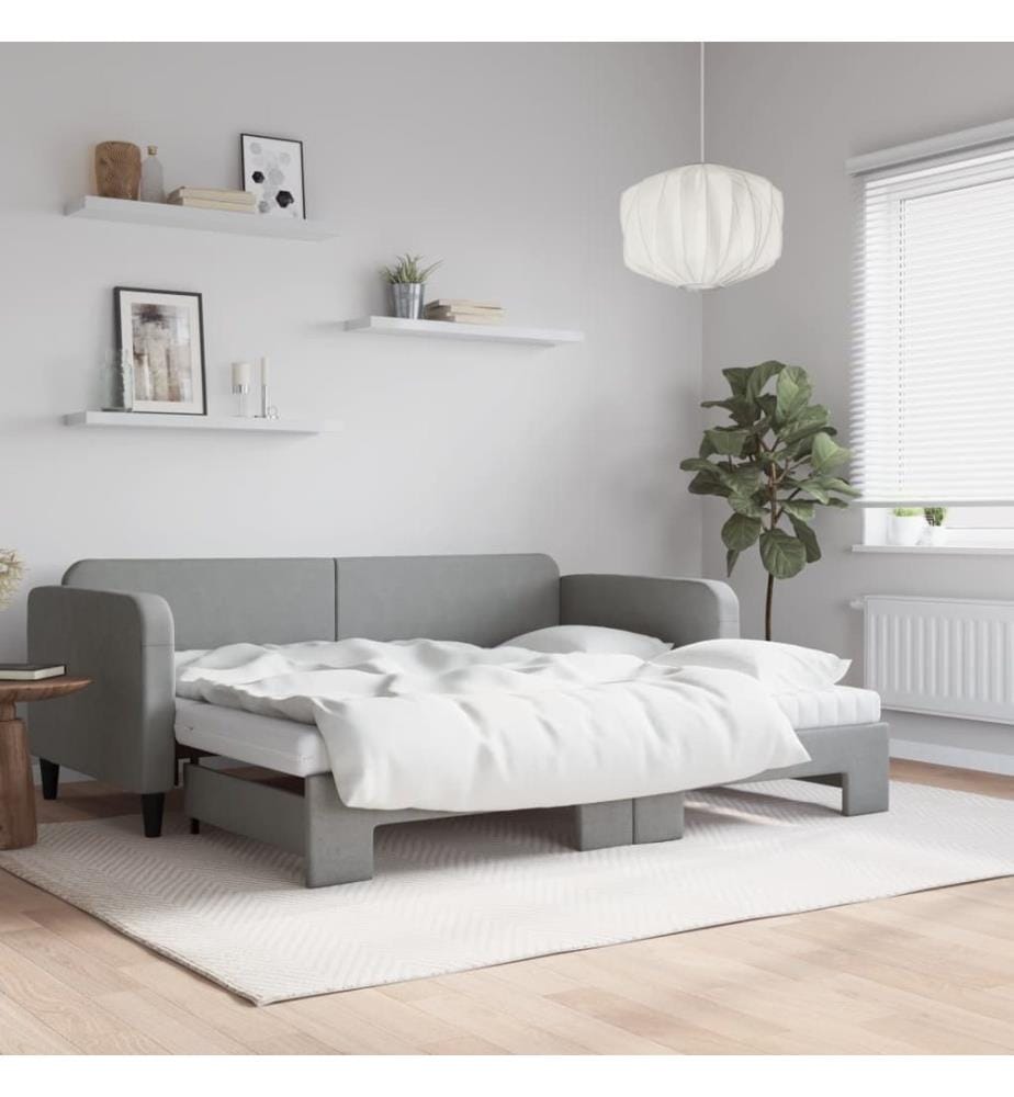 Lit de jour avec gigogne et matelas gris clair 90x200 cm tissu