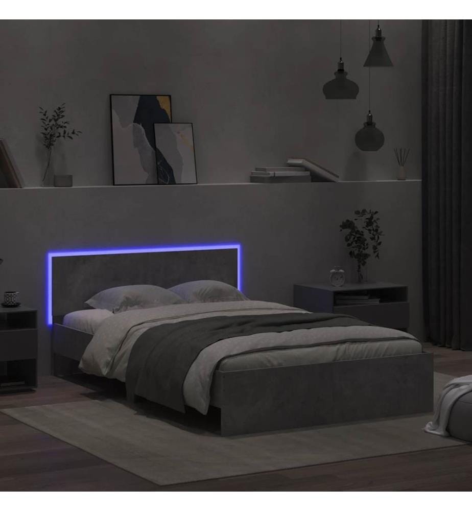 Cadre de lit avec tête de lit et LED gris béton 120x200 cm
