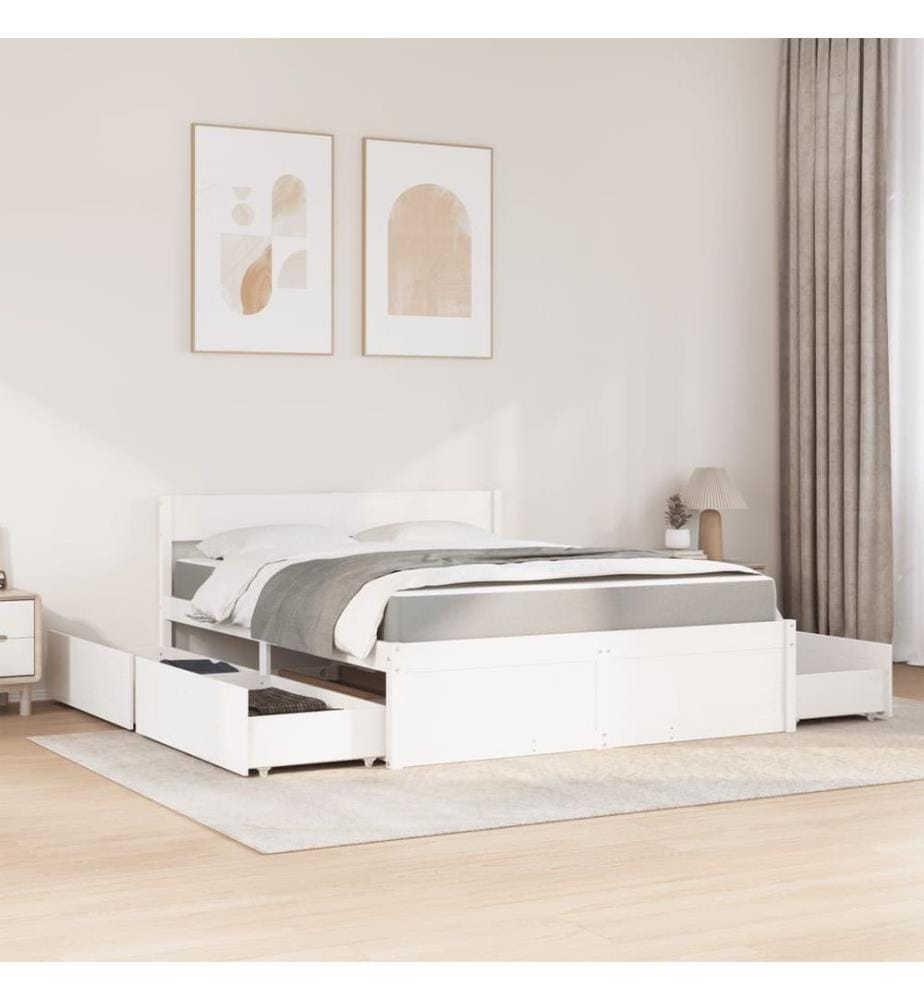 Lit avec tiroirs et matelas blanc 160x200 cm bois massif de pin