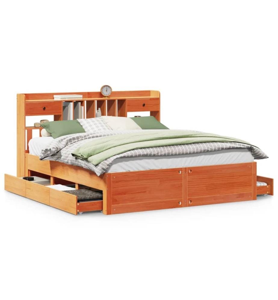 Lit bibliothèque sans matelas cire marron 200x200 cm pin massif