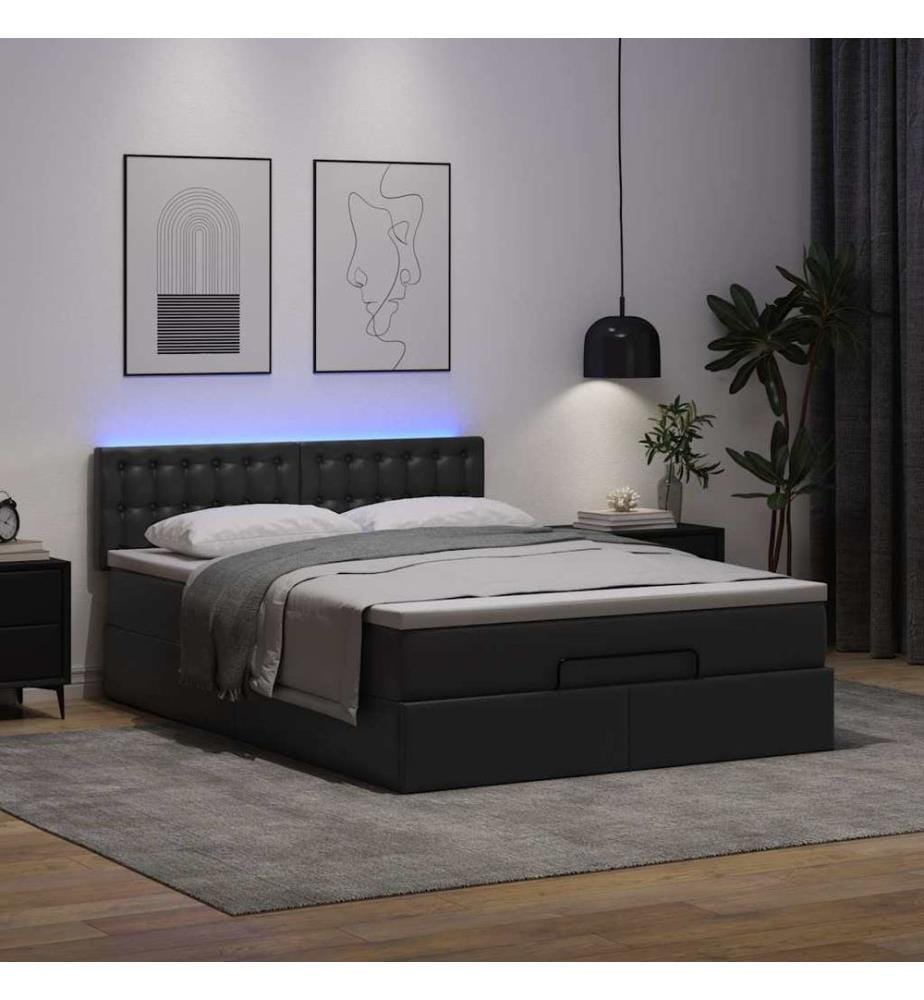 Lit ottoman avec matelas & LED Noir 140x200cm similicuir