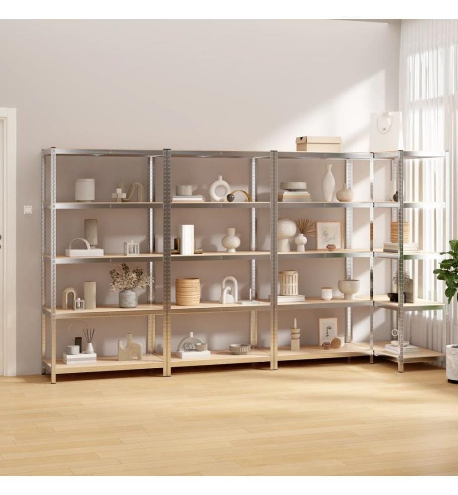 Regale mit 5 Böden 4 Stk. Silbern Stahl & Holzwerkstoff