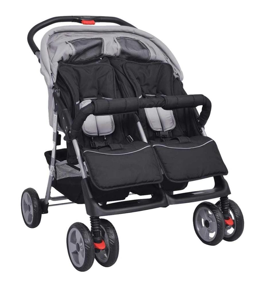Zwillingskinderwagen Stahl Grau und Schwarz